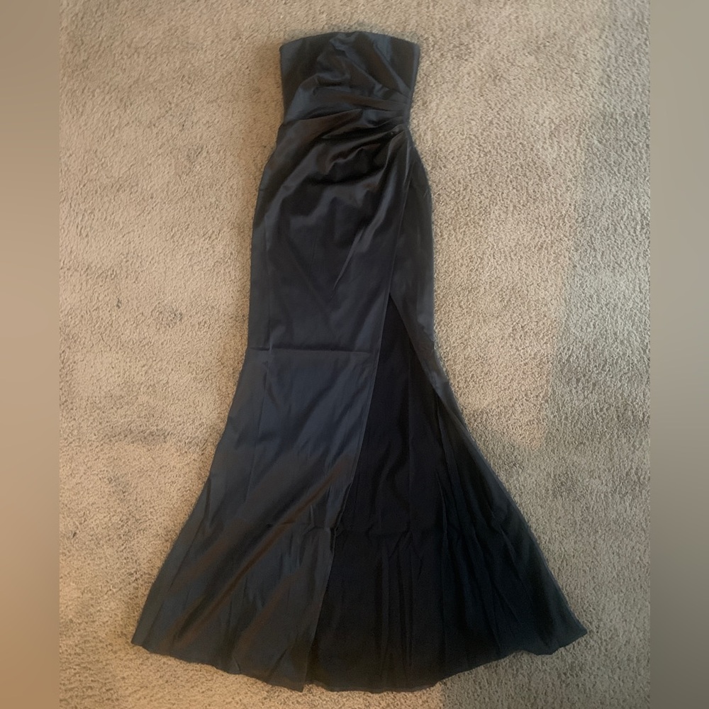 Strapless Black Satin Maxi Dress with Slit / Babyboo Fashion Safiya Maxi Dress